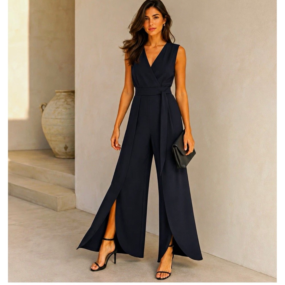 Shelby & Palmer Black V-Neck Sleeveless Wide-Leg Belted Jumpsuit 8